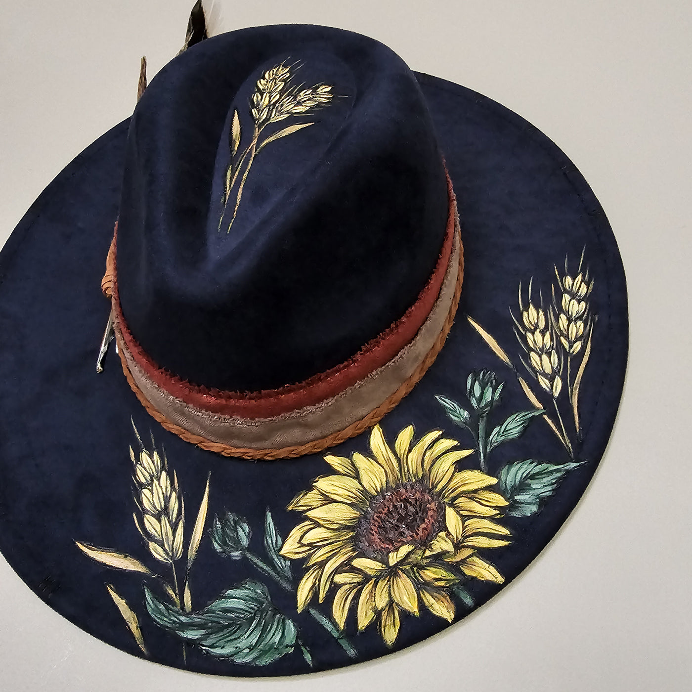 Evening Sunflower || Dark Navy Burned & Painted Wide Brim Hat