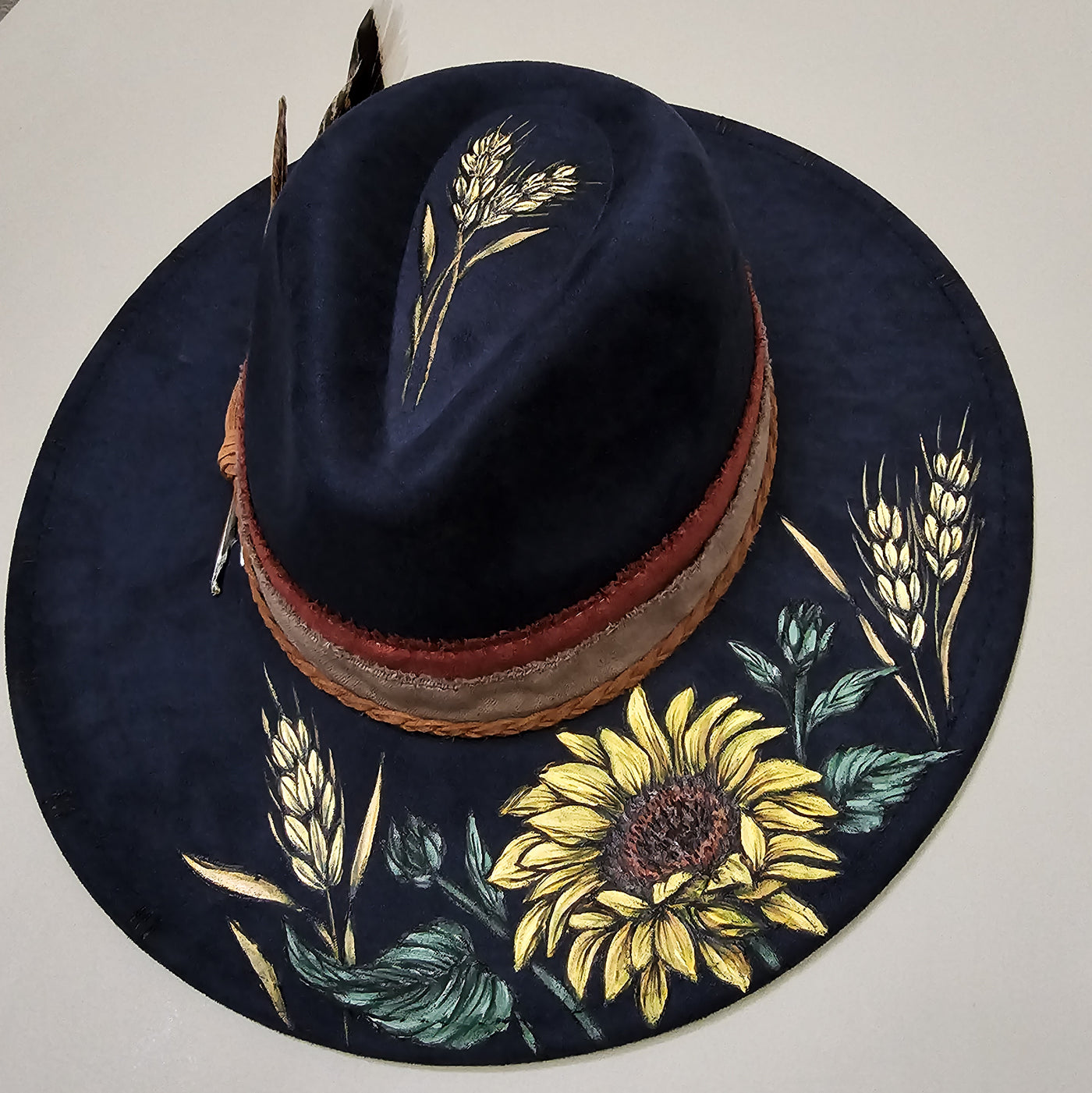 Evening Sunflower || Dark Navy Burned & Painted Wide Brim Hat