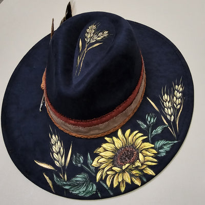 Evening Sunflower || Dark Navy Burned & Painted Wide Brim Hat