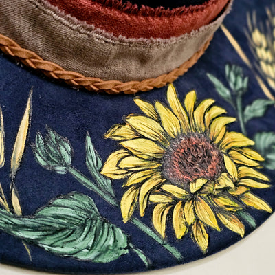 Evening Sunflower || Dark Navy Burned & Painted Wide Brim Hat