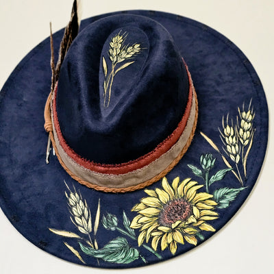 Evening Sunflower || Dark Navy Burned & Painted Wide Brim Hat