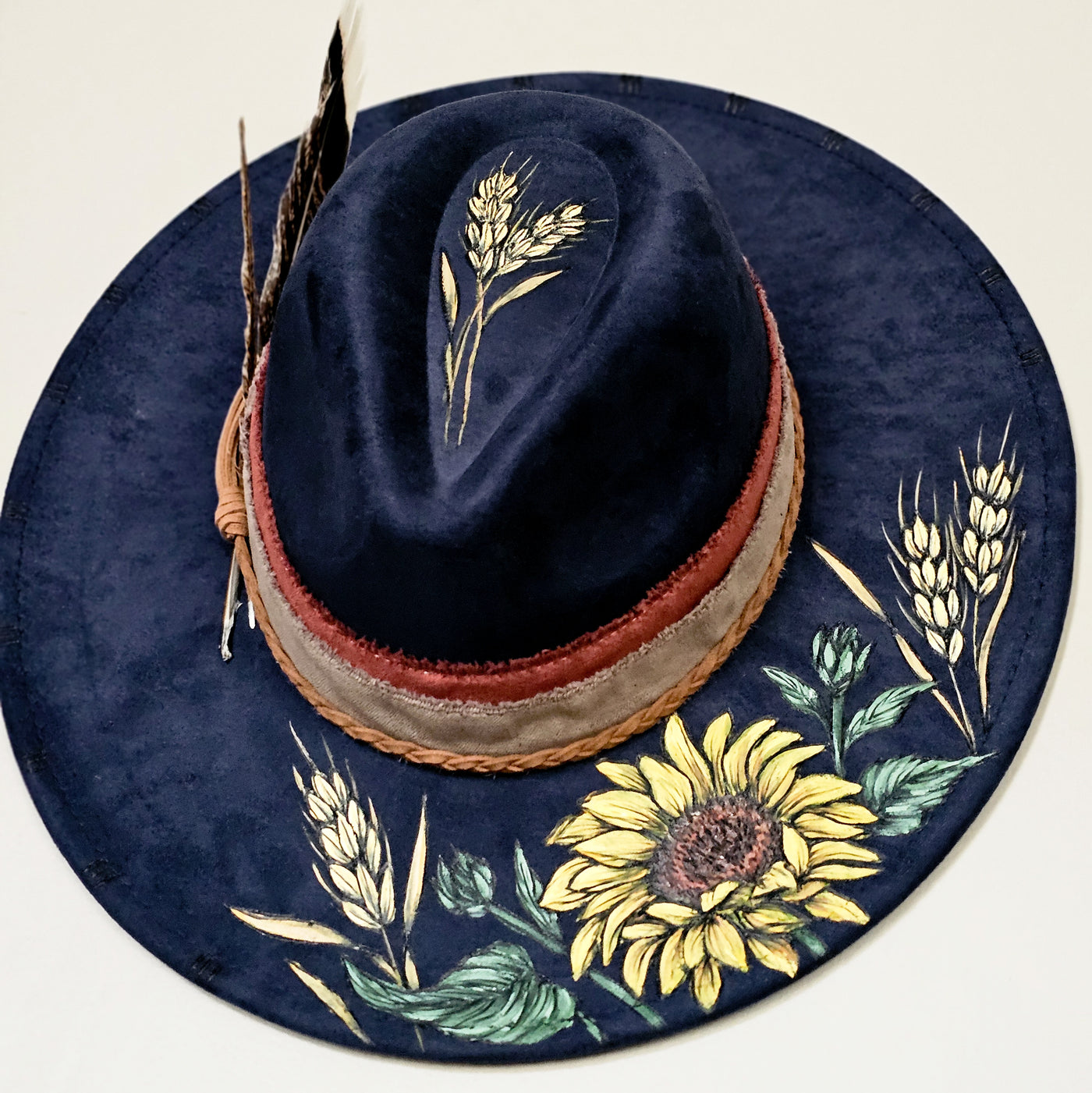Evening Sunflower || Dark Navy Burned & Painted Wide Brim Hat