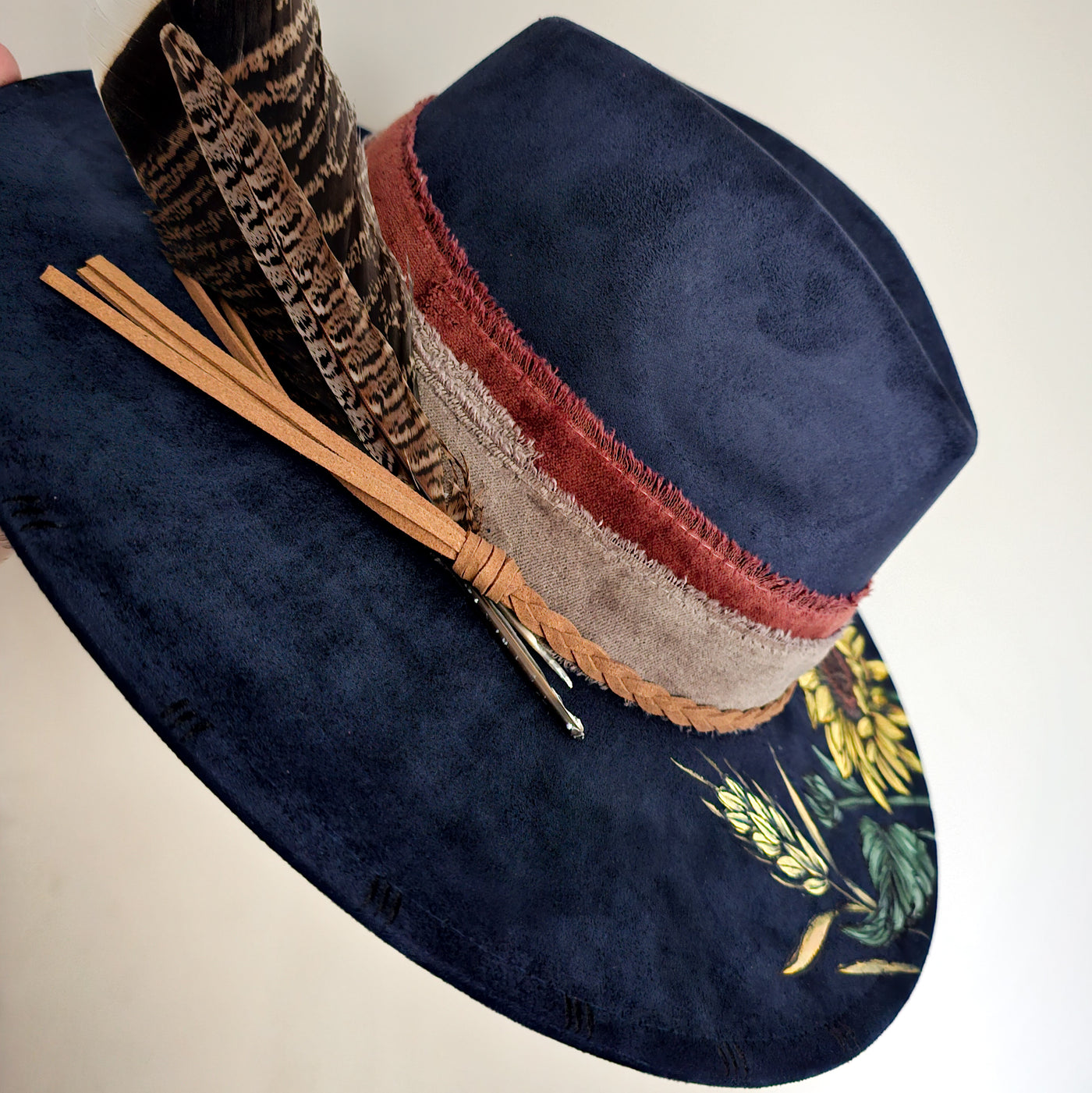 Evening Sunflower || Dark Navy Burned & Painted Wide Brim Hat