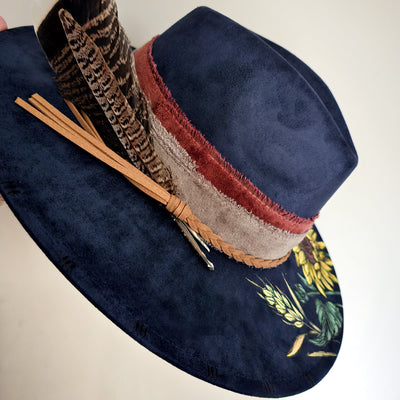 Evening Sunflower || Dark Navy Burned & Painted Wide Brim Hat