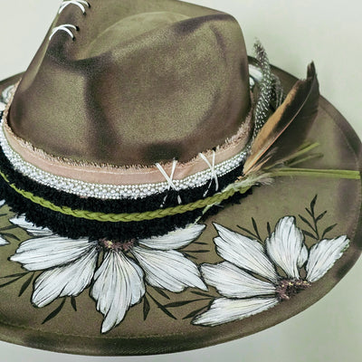 Last Blooms of Fall || Olive Suede Burned & Painted Wide Brim Hat