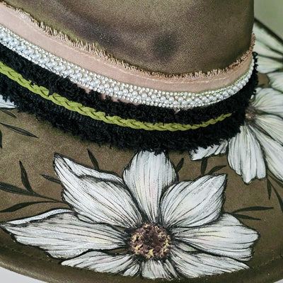 Last Blooms of Fall || Olive Suede Burned & Painted Wide Brim Hat