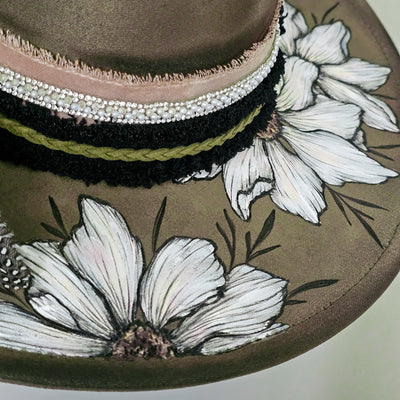 Last Blooms of Fall || Olive Suede Burned & Painted Wide Brim Hat
