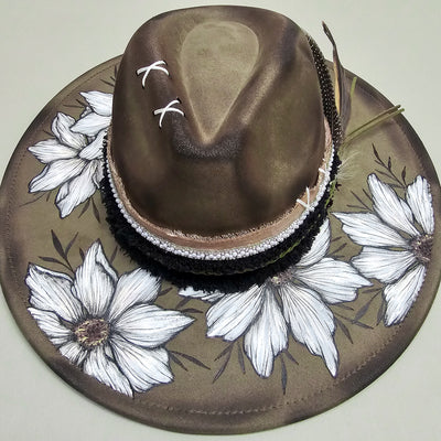Last Blooms of Fall || Olive Suede Burned & Painted Wide Brim Hat