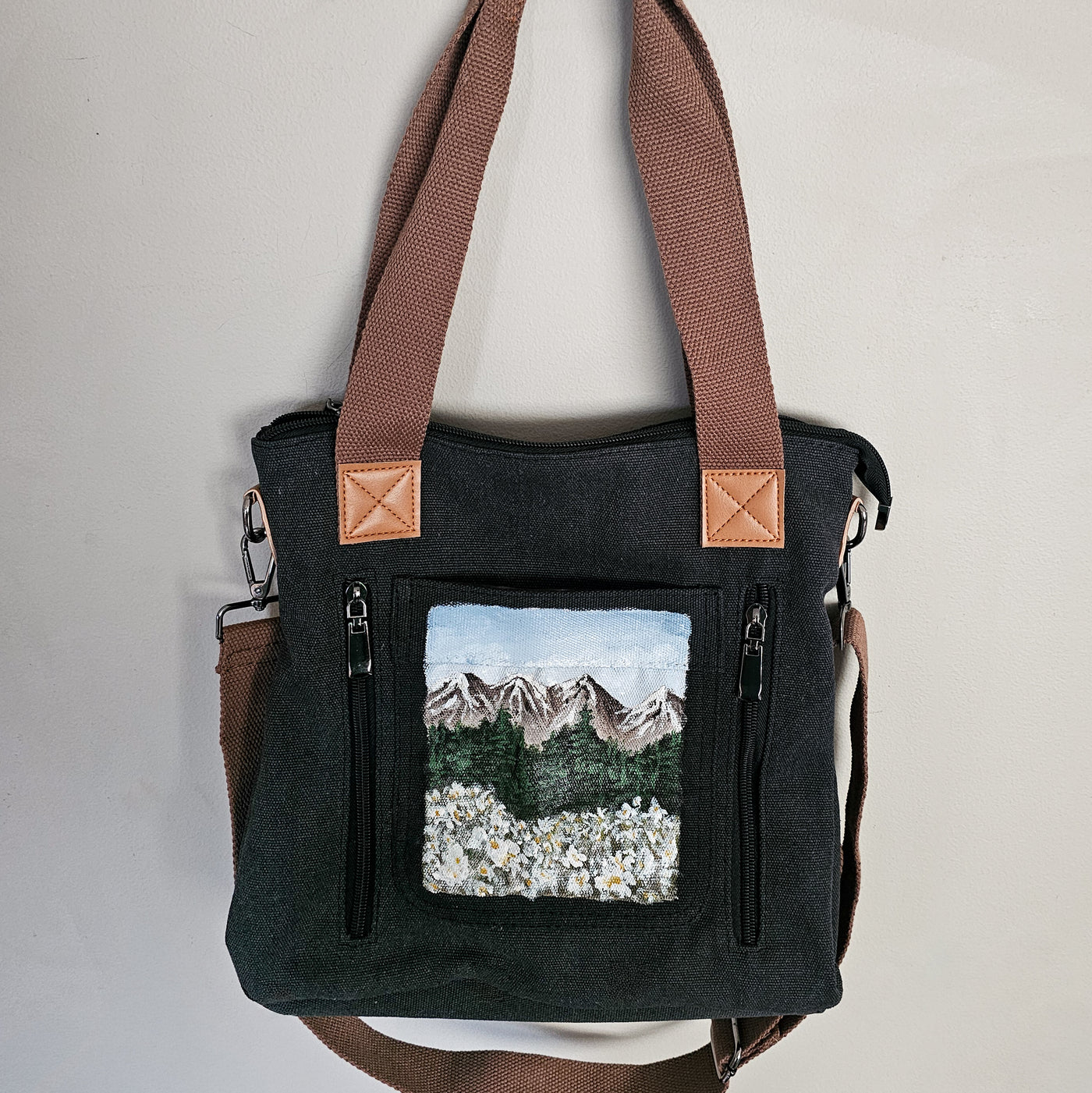 Wildflower Mountain  || Charcoal Gray Canvas Hand Painted Tote Bag