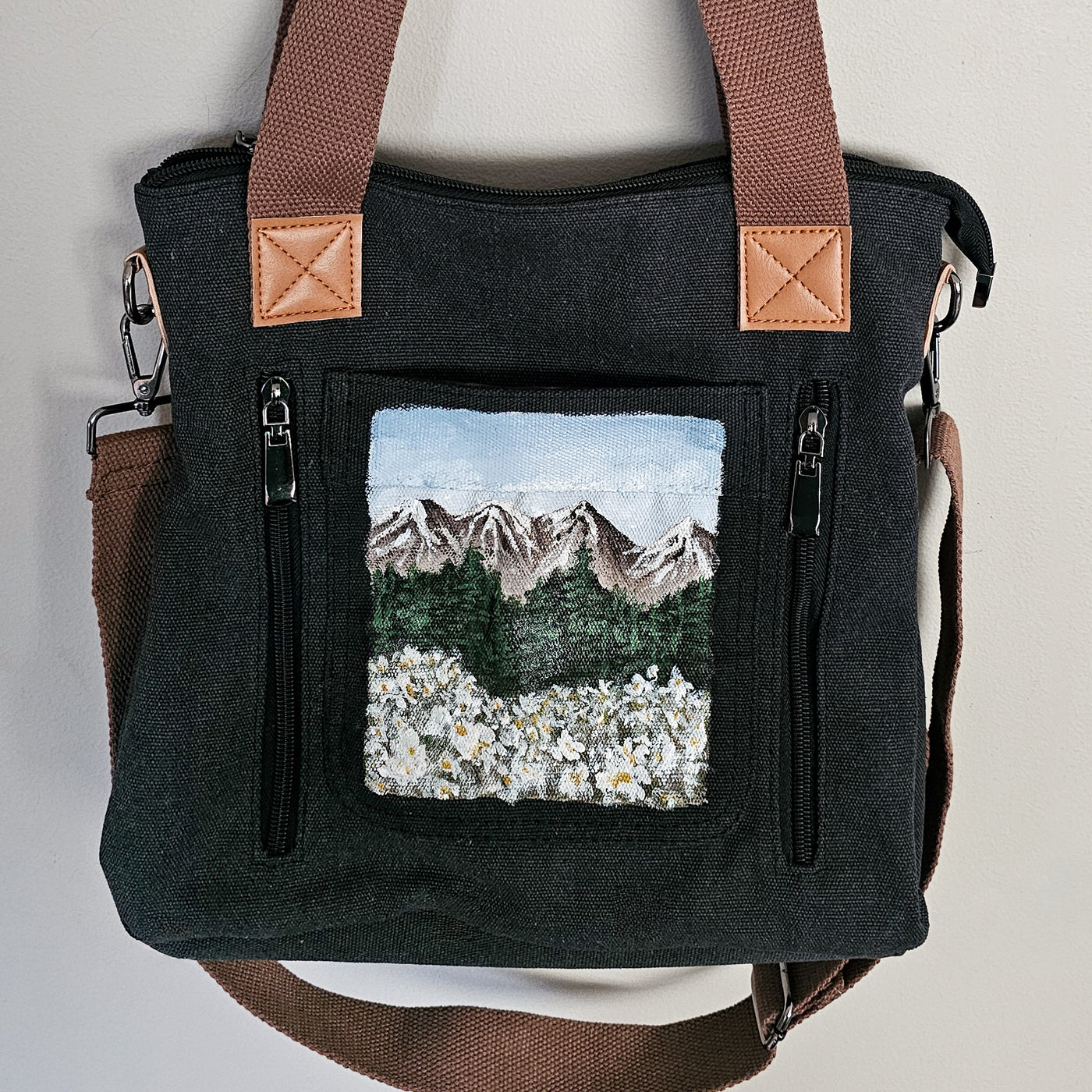 Wildflower Mountain  || Charcoal Gray Canvas Hand Painted Tote Bag