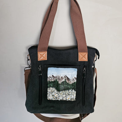 Wildflower Mountain  || Charcoal Gray Canvas Hand Painted Tote Bag