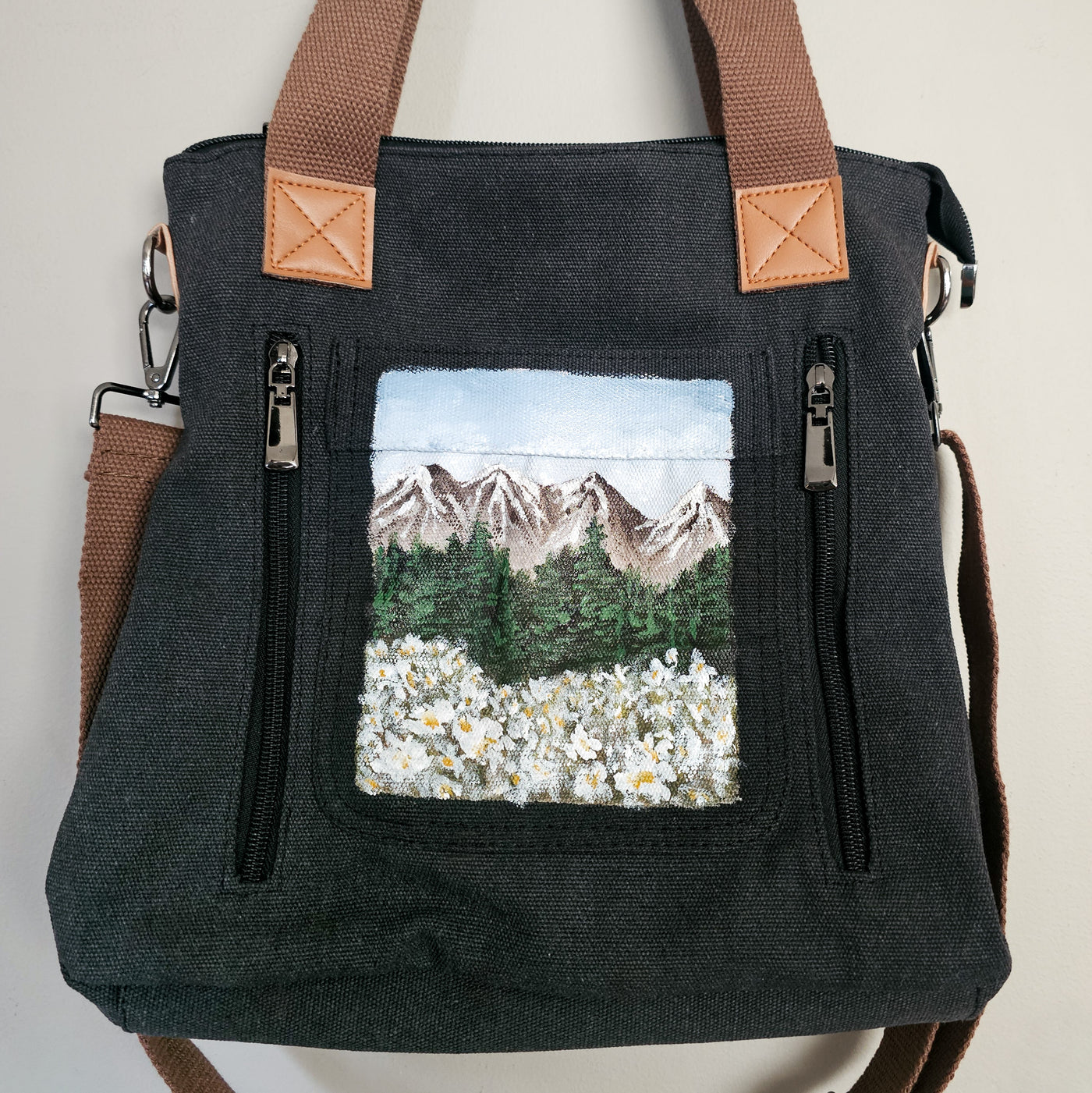 Wildflower Mountain  || Charcoal Gray Canvas Hand Painted Tote Bag