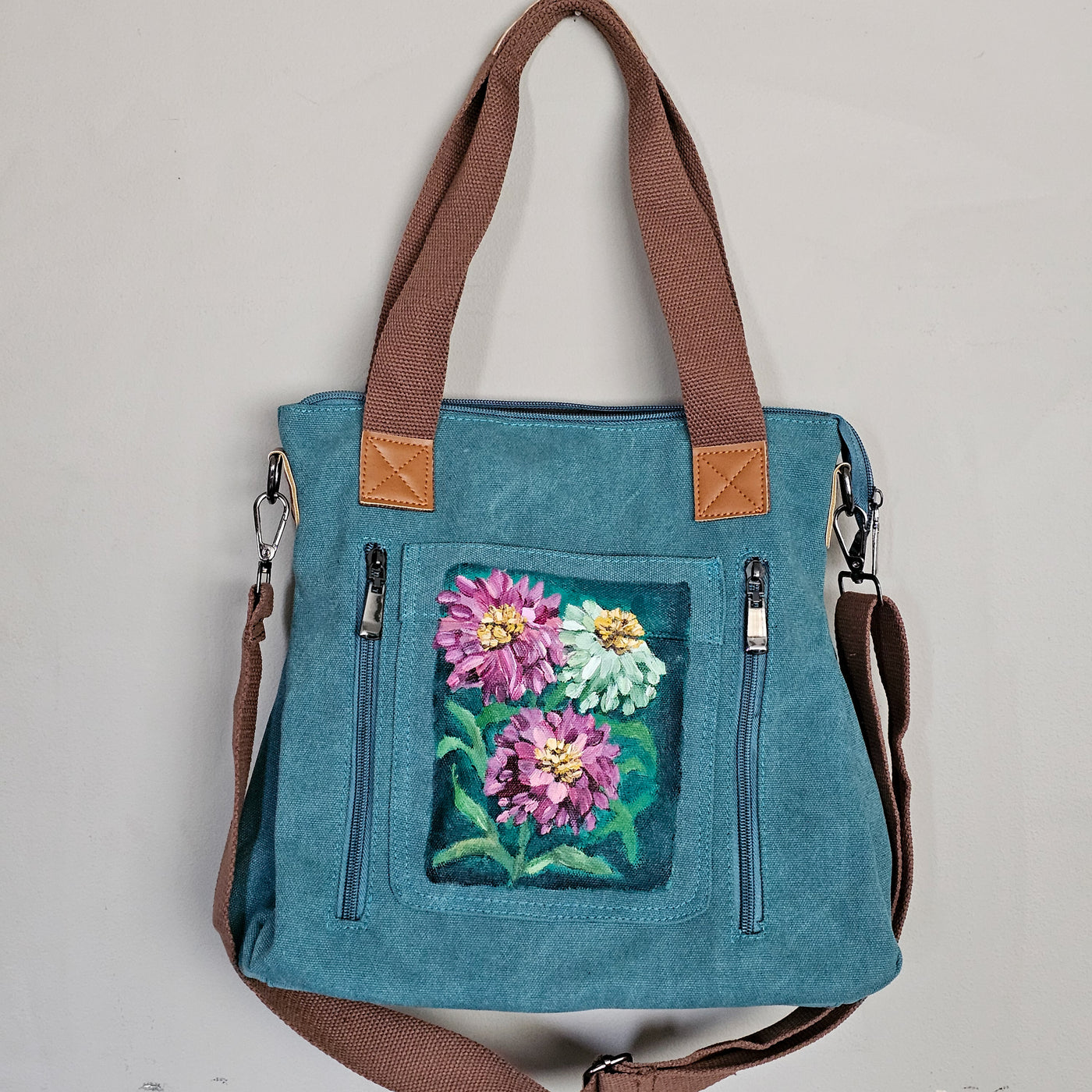Summer Zinnias || Turquoise Canvas Hand Painted Tote Bag