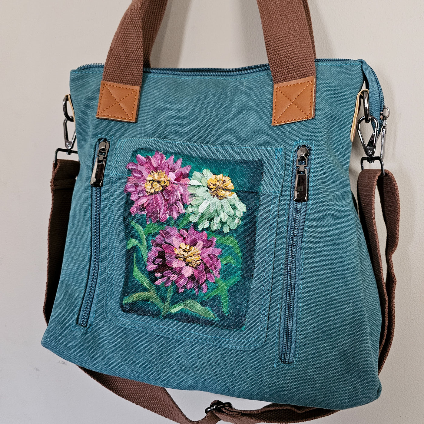 Summer Zinnias || Turquoise Canvas Hand Painted Tote Bag