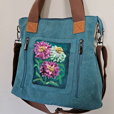 Summer Zinnias || Turquoise Canvas Hand Painted Tote Bag
