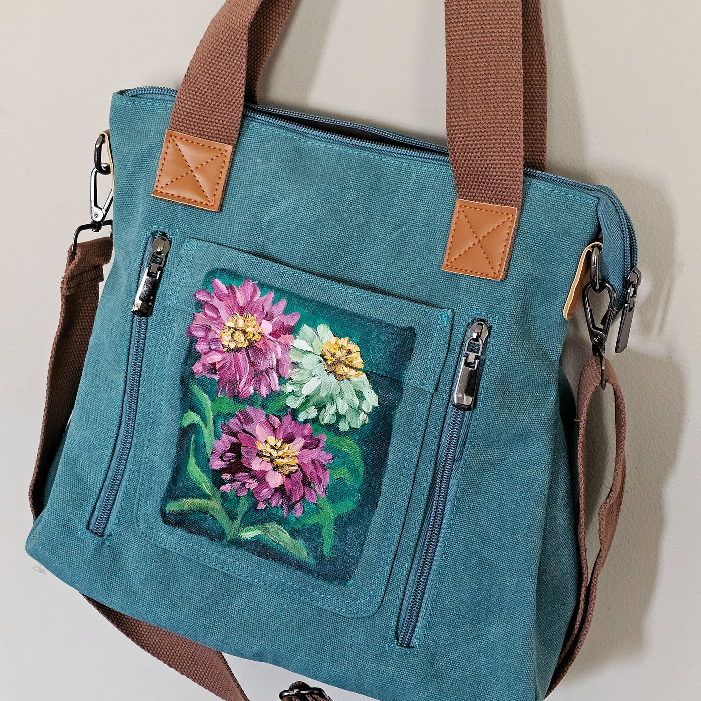 Summer Zinnias || Turquoise Canvas Hand Painted Tote Bag