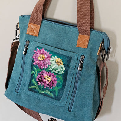 Summer Zinnias || Turquoise Canvas Hand Painted Tote Bag