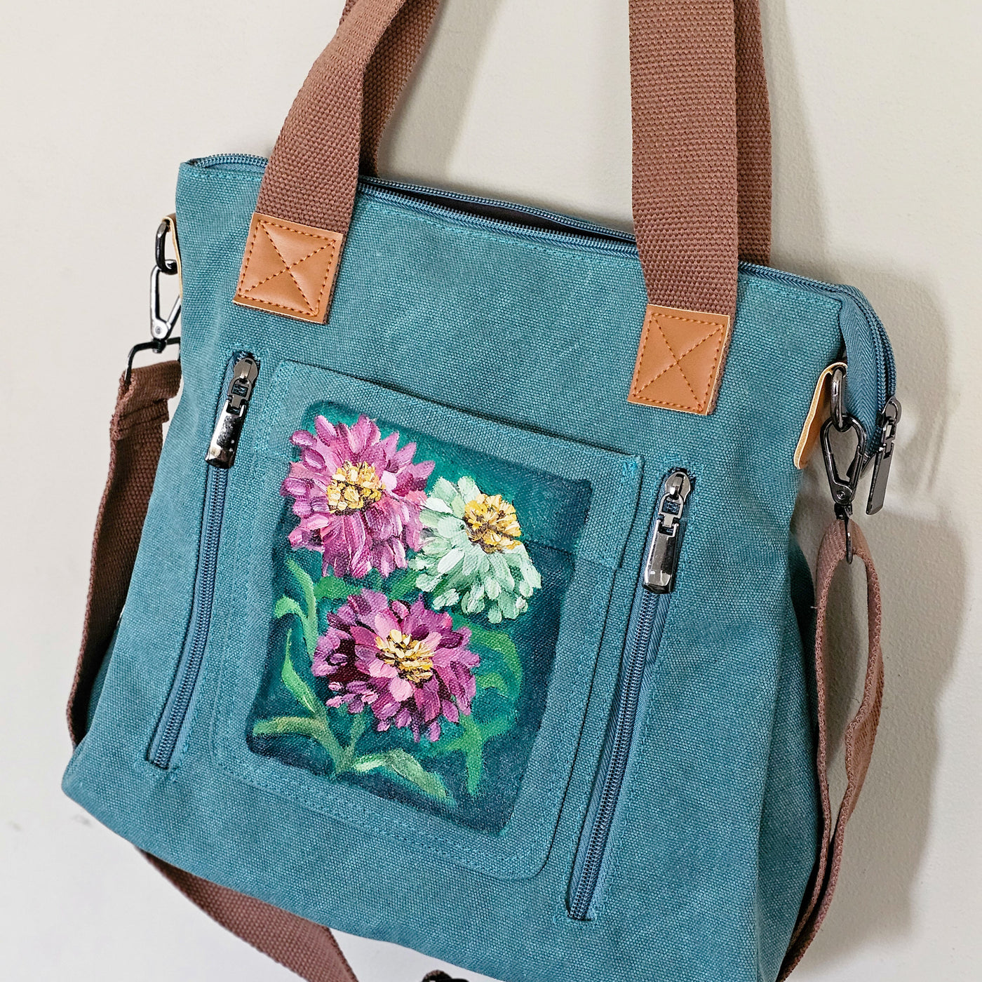 Summer Zinnias || Turquoise Canvas Hand Painted Tote Bag