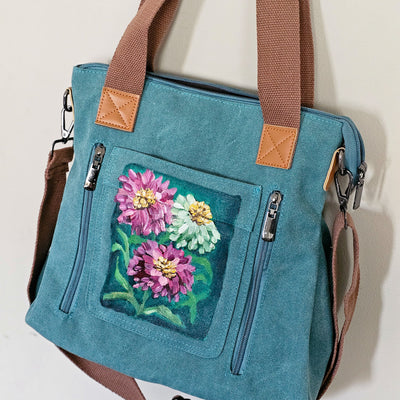 Summer Zinnias || Turquoise Canvas Hand Painted Tote Bag