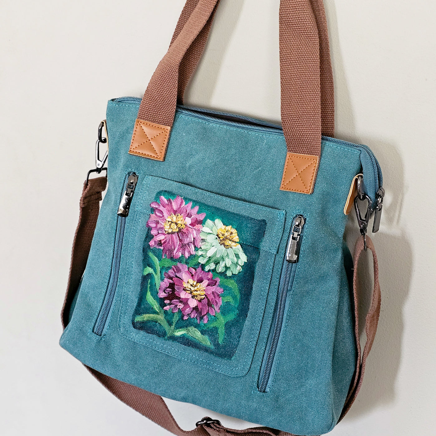 Summer Zinnias || Turquoise Canvas Hand Painted Tote Bag