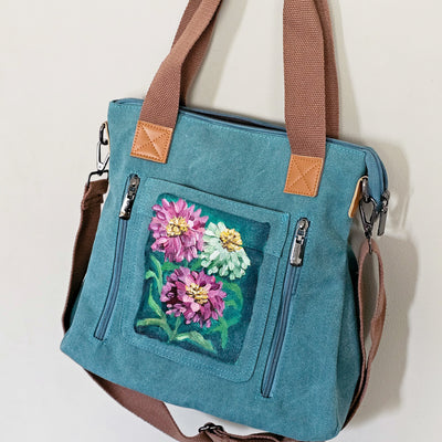 Summer Zinnias || Turquoise Canvas Hand Painted Tote Bag