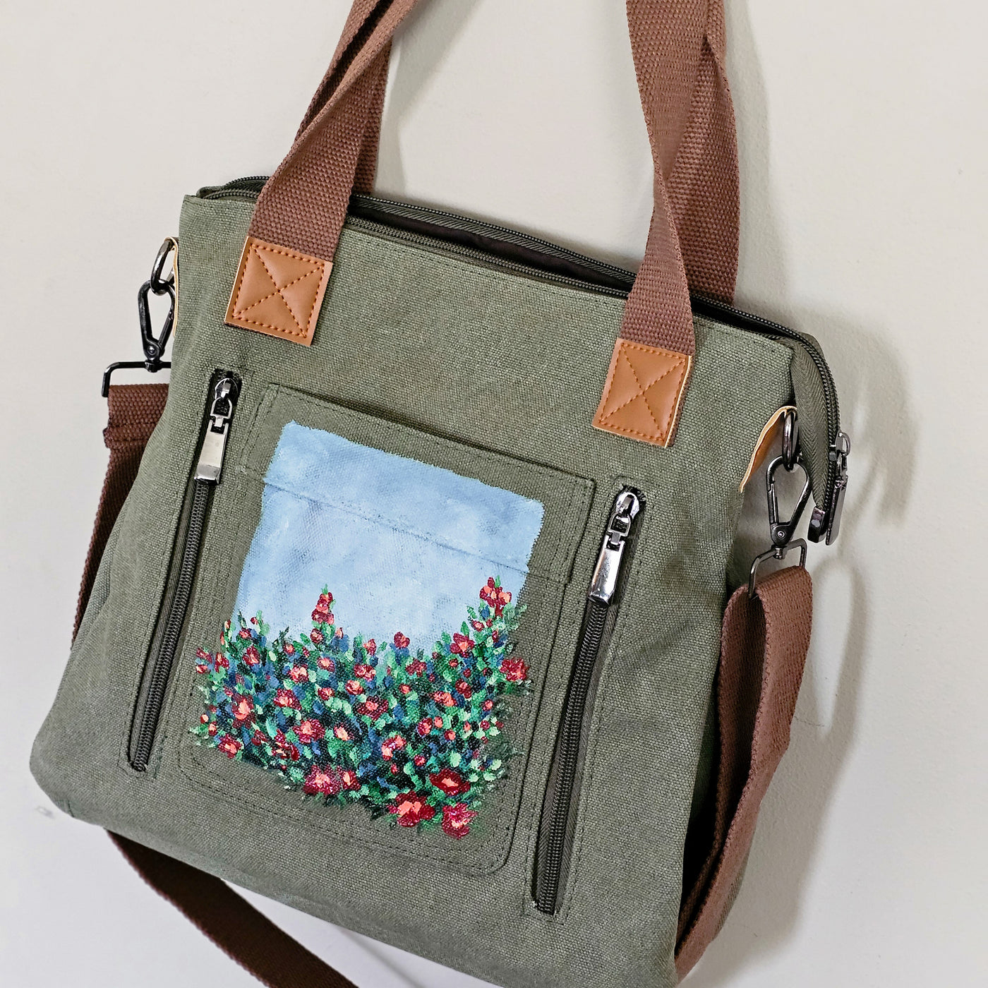 Wild Roses || Sage Green Canvas Hand Painted Tote Bag
