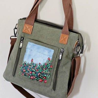 Wild Roses || Sage Green Canvas Hand Painted Tote Bag