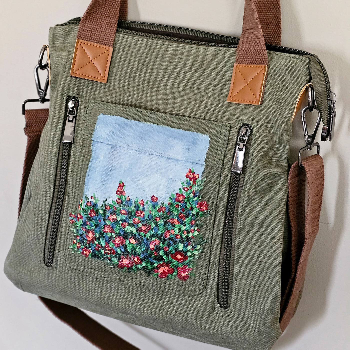 Wild Roses || Sage Green Canvas Hand Painted Tote Bag