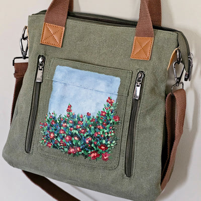 Wild Roses || Sage Green Canvas Hand Painted Tote Bag