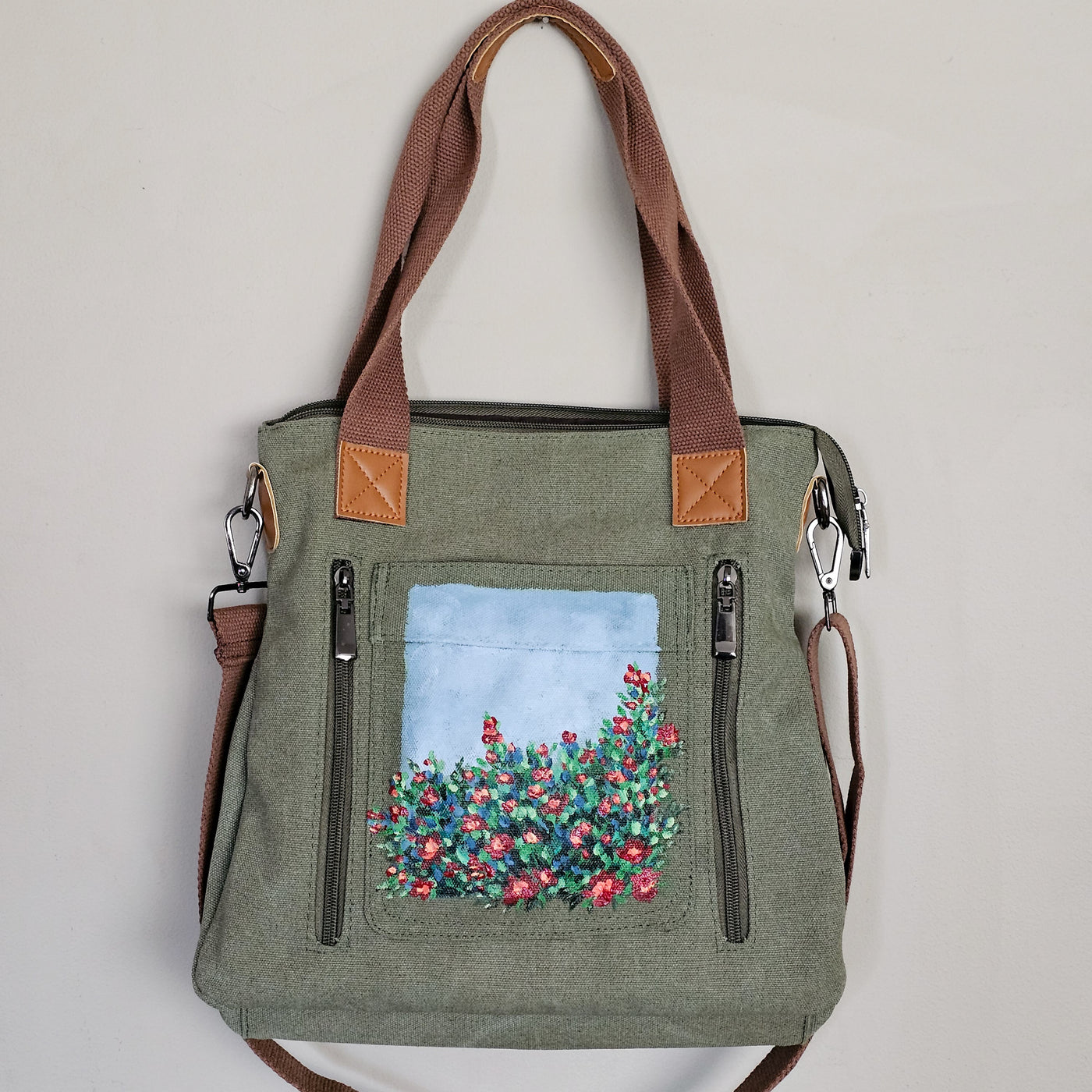 Wild Roses || Sage Green Canvas Hand Painted Tote Bag