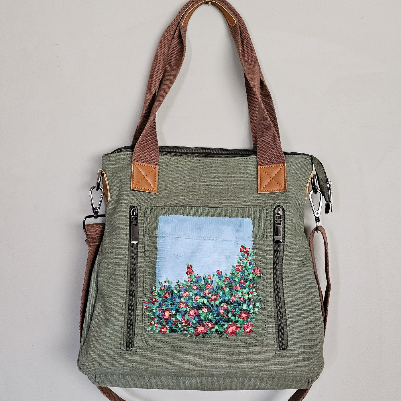 Wild Roses || Sage Green Canvas Hand Painted Tote Bag