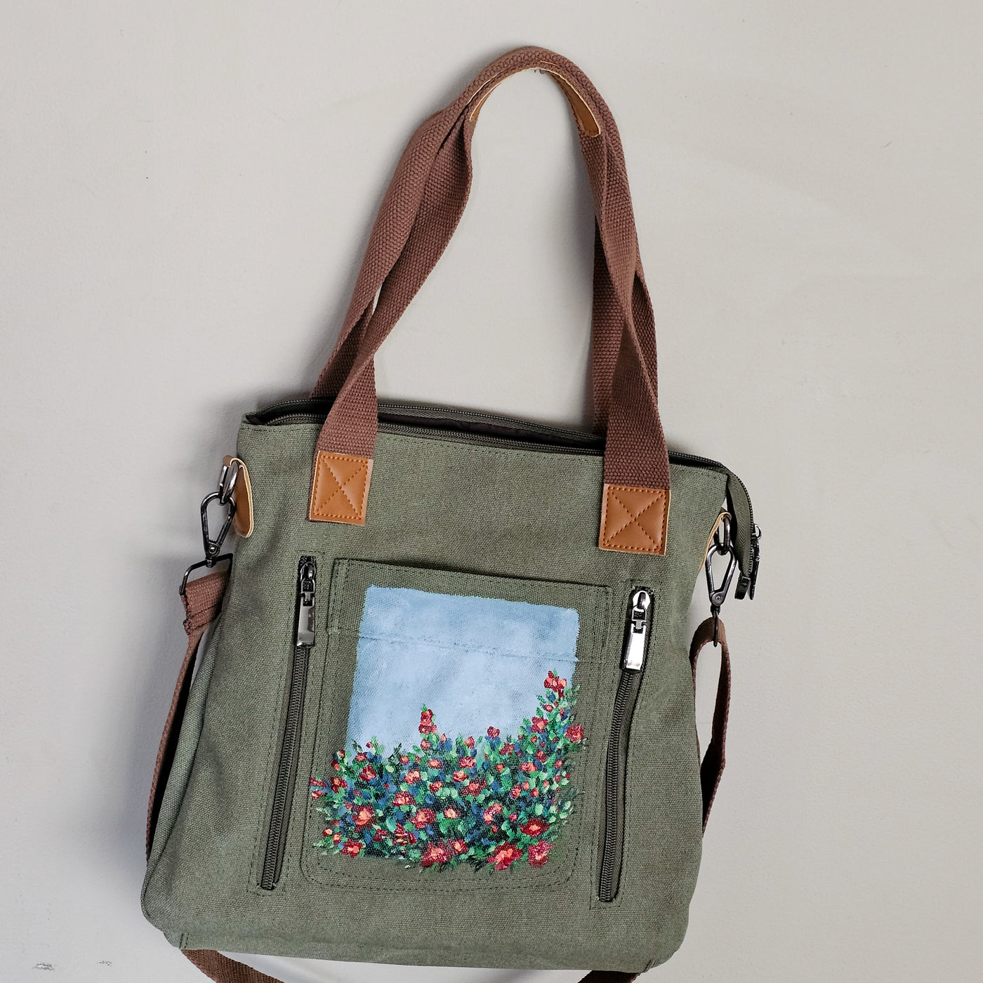 Wild Roses || Sage Green Canvas Hand Painted Tote Bag