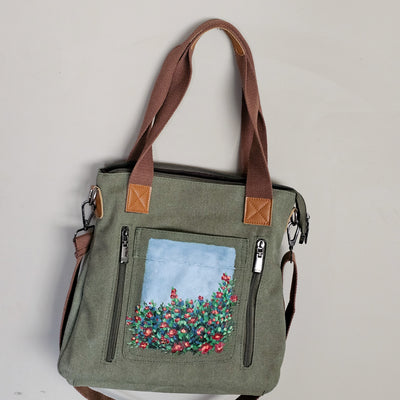 Wild Roses || Sage Green Canvas Hand Painted Tote Bag