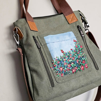 Wild Roses || Sage Green Canvas Hand Painted Tote Bag