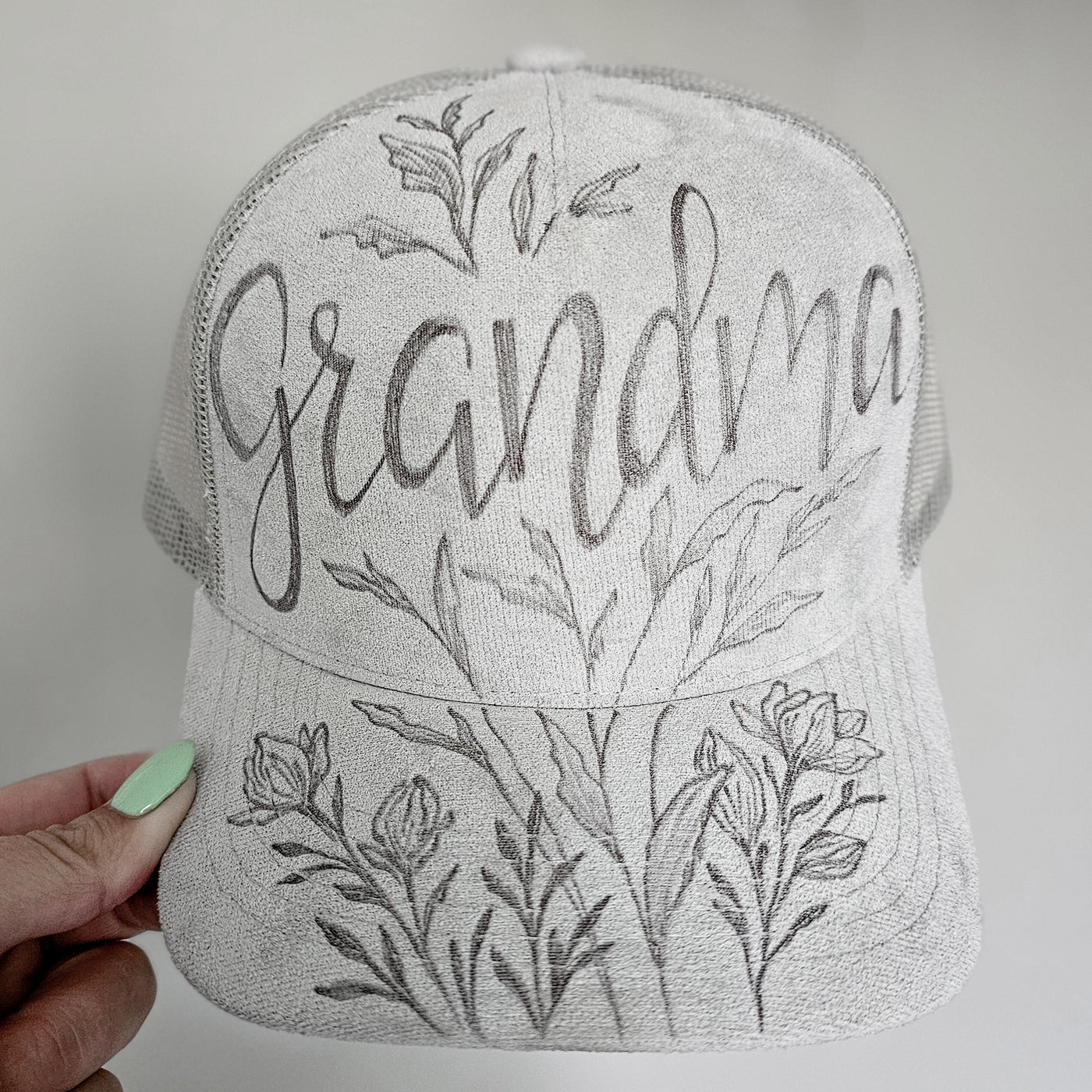 Grandma || Light Gray Suede Baseball Style Mesh Trucker Hat || Freehand Burned
