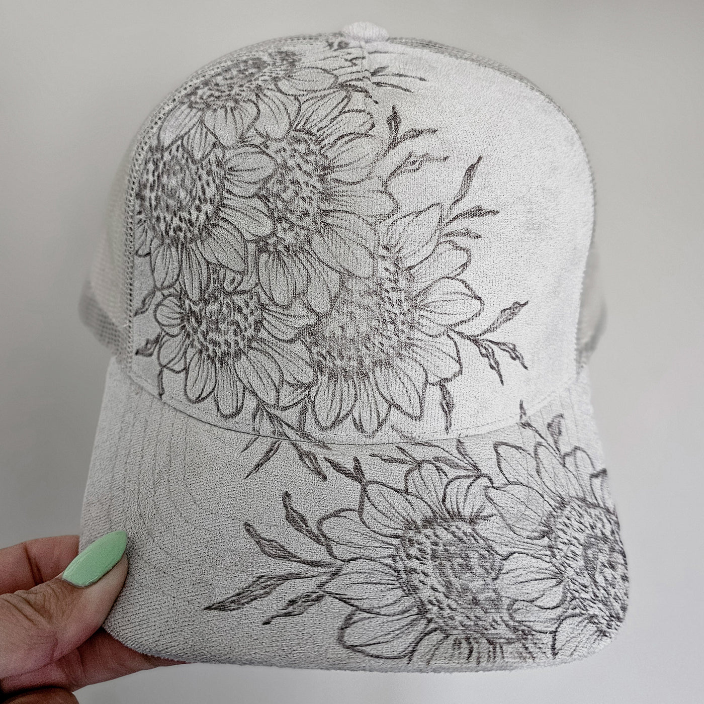 Looking for the Sun || Light Gray Suede Baseball Style Mesh Trucker Hat || Freehand Burned