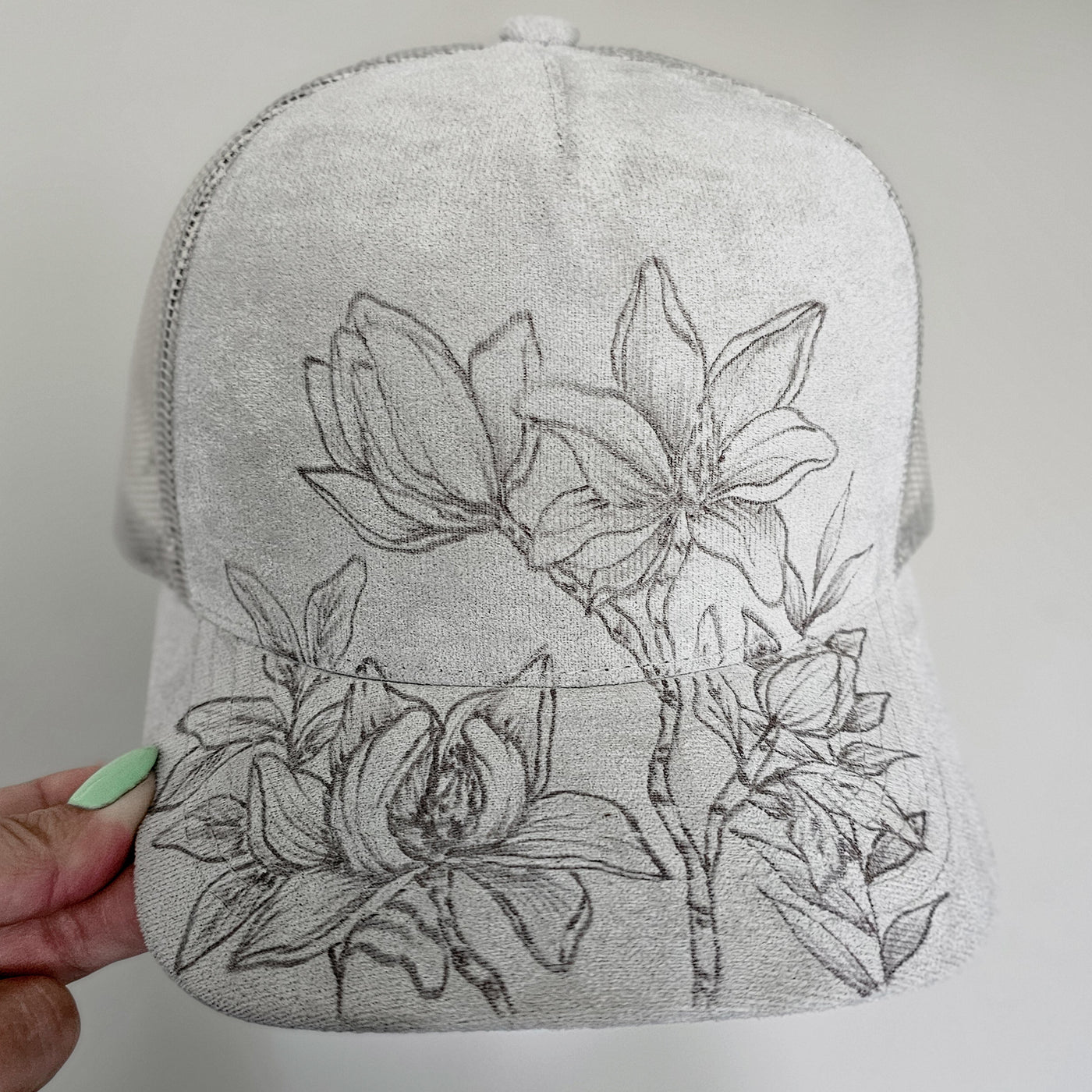 Magnolias || Light Gray Suede Baseball Style Mesh Trucker Hat || Freehand Burned