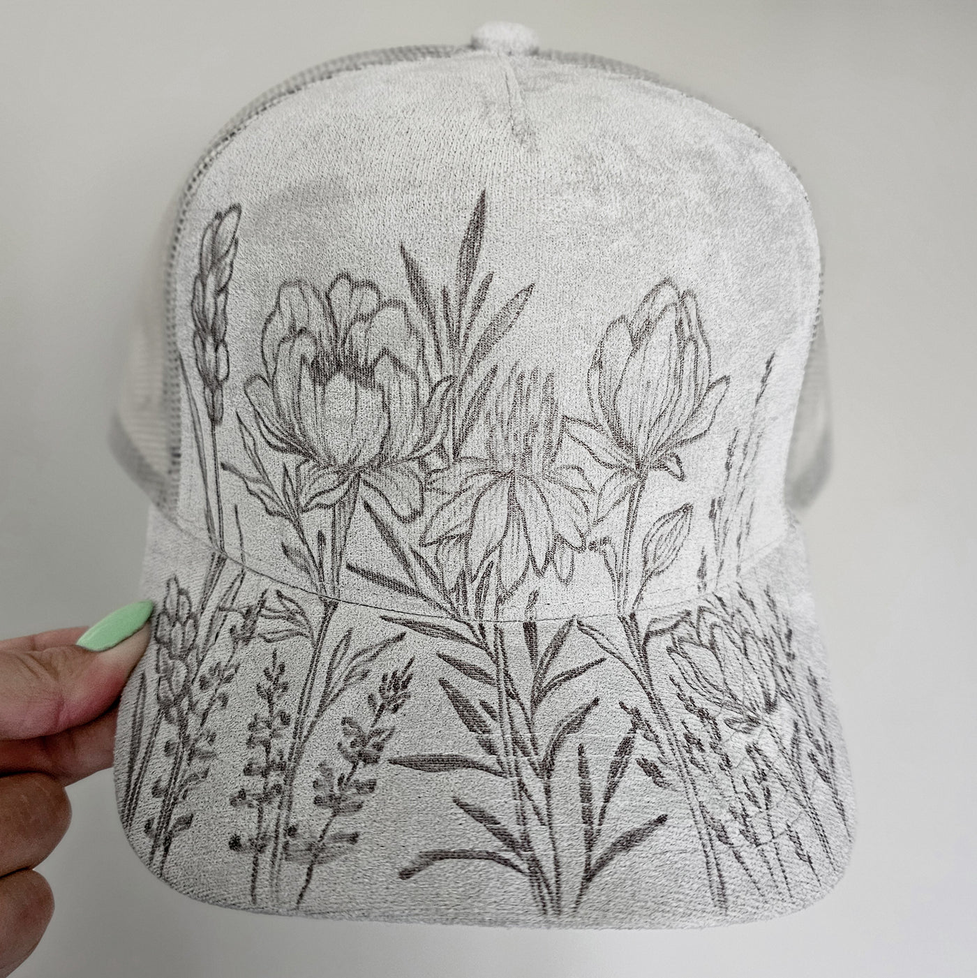Wildflowers || Light Gray Suede Baseball Style Mesh Trucker Hat || Freehand Burned