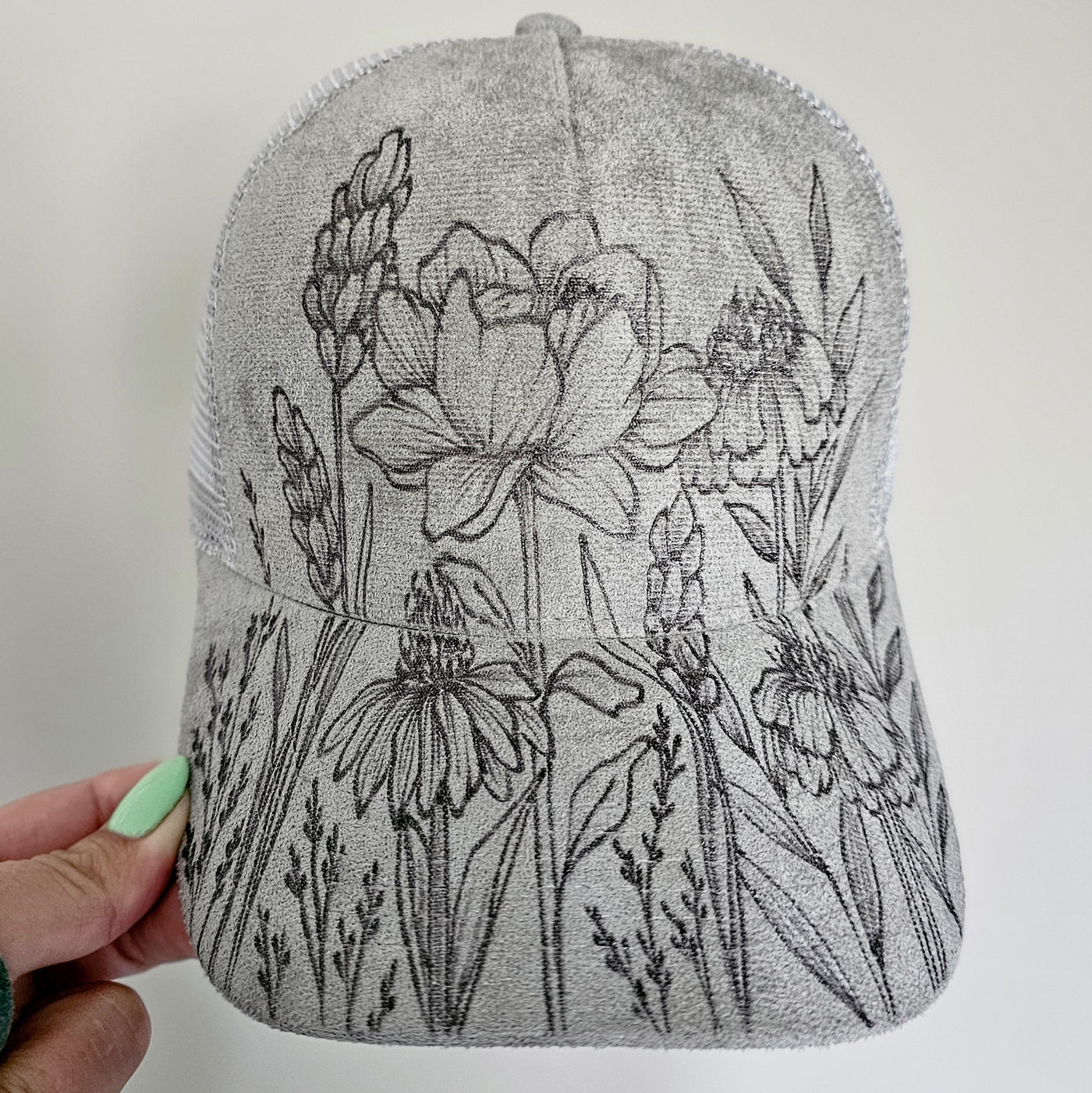 Wildflower Stems || Dark Gray Suede Baseball Style Mesh Trucker Hat || Freehand Burned