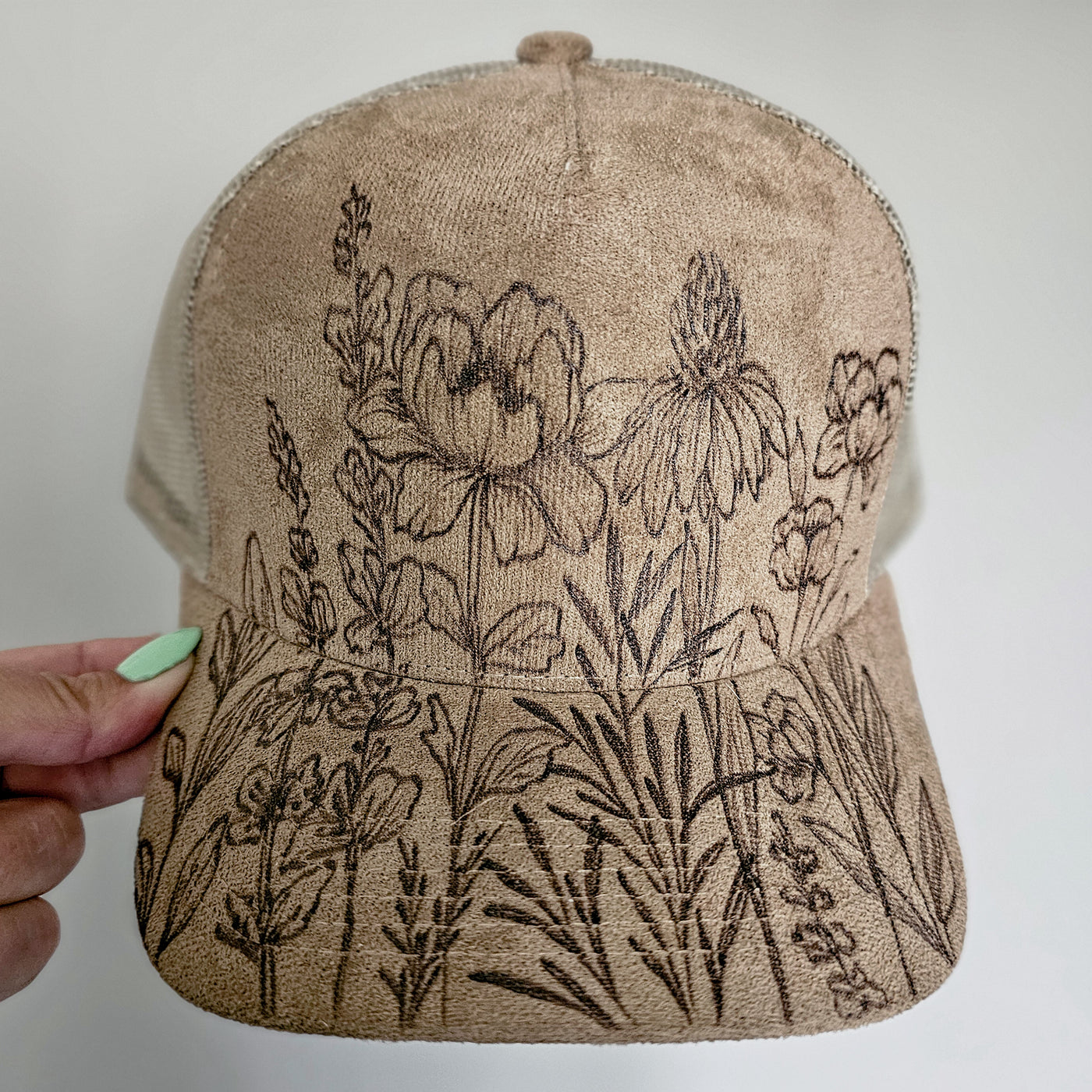 Wildflower Stems || Taupe Suede Baseball Style Mesh Trucker Hat || Freehand Burned