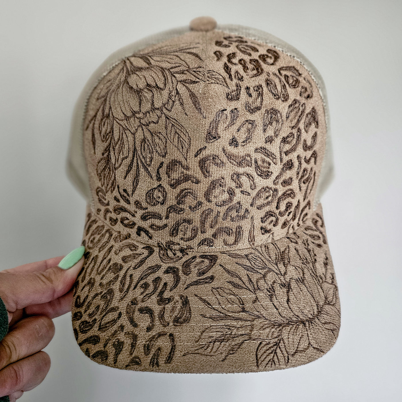 In the Wild || Taupe Suede Baseball Style Mesh Trucker Hat || Freehand Burned