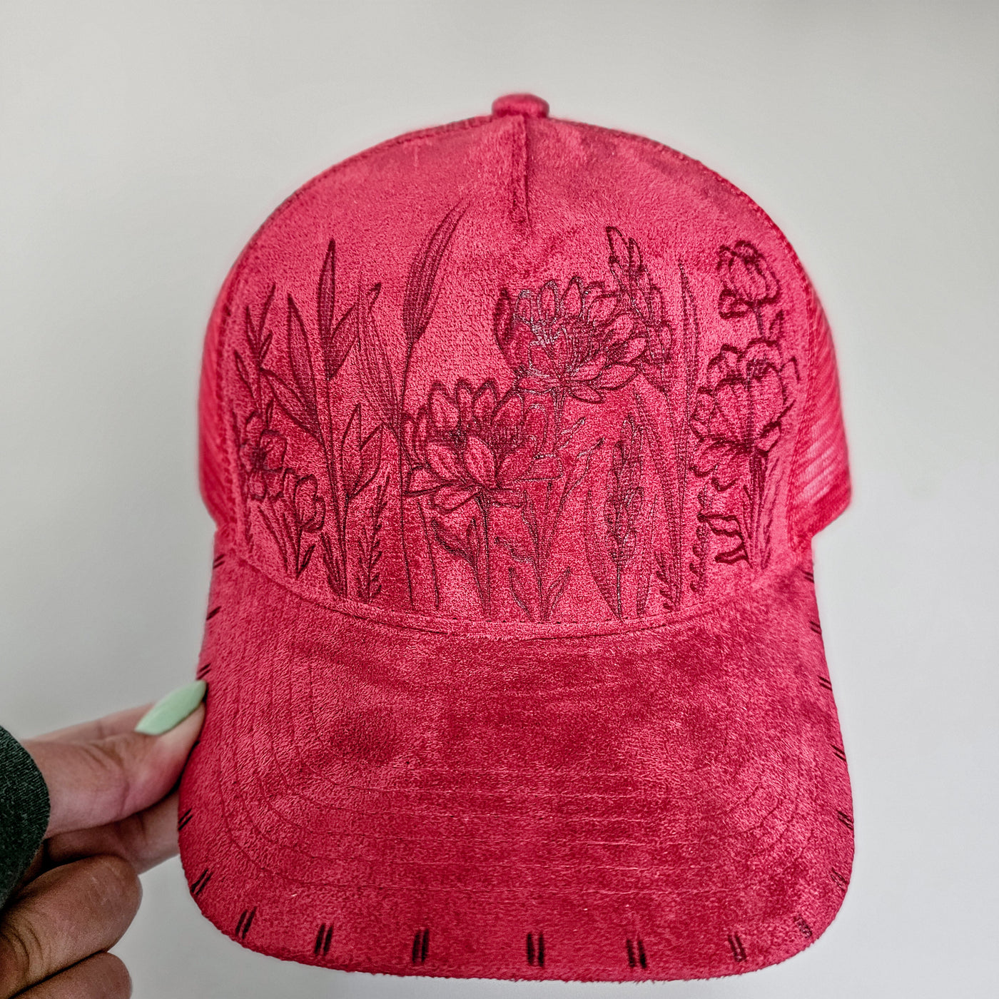 Wildflower Stems || Red Suede Baseball Style Mesh Trucker Hat || Freehand Burned