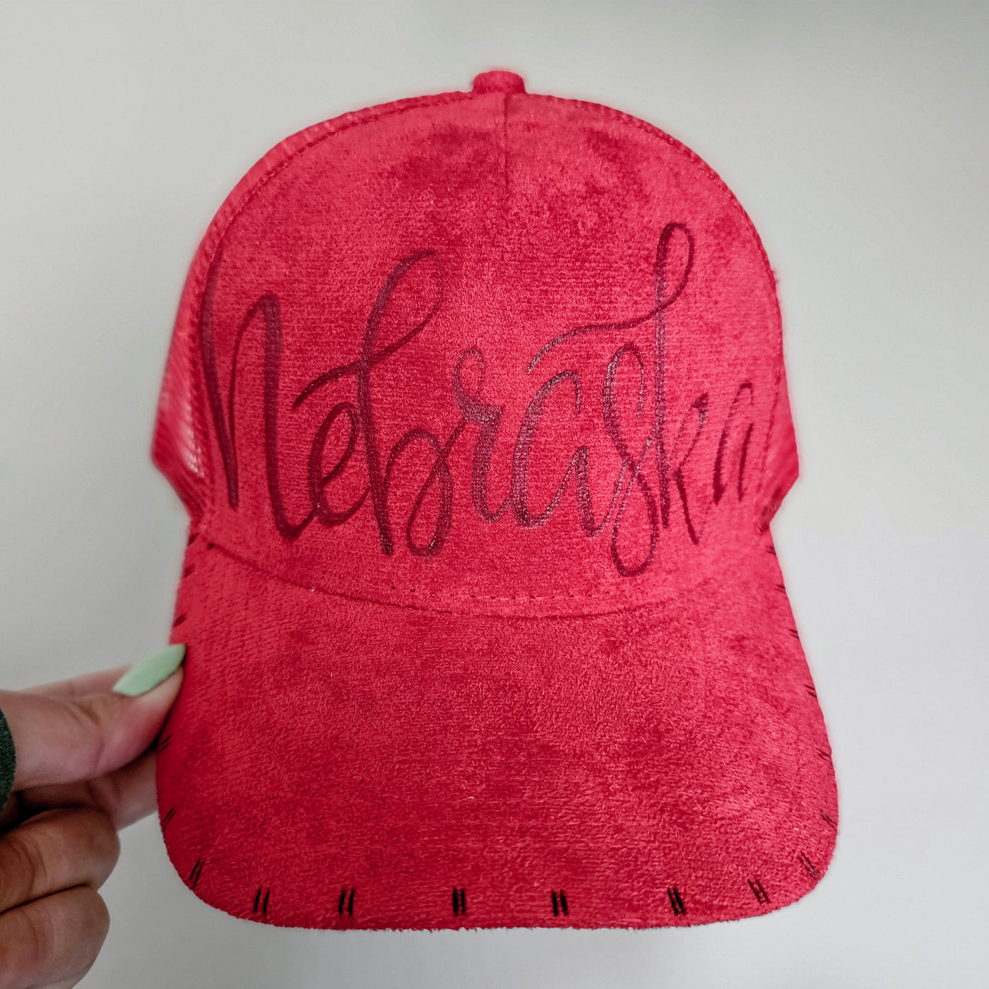 Nebraska || Red Suede Baseball Style Mesh Trucker Hat || Freehand Burned
