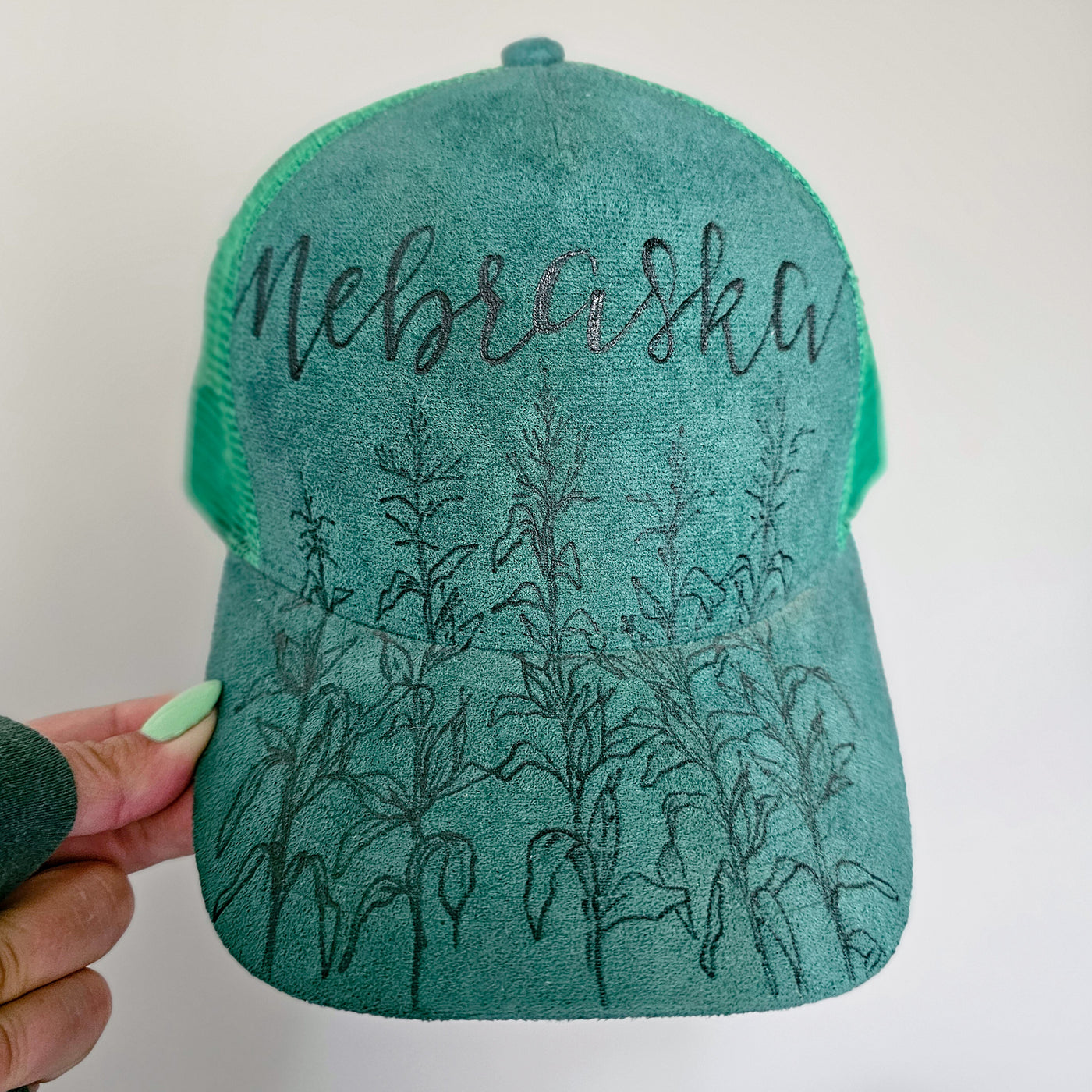 Cornhusker || Green Suede Baseball Style Mesh Trucker Hat || Freehand Burned