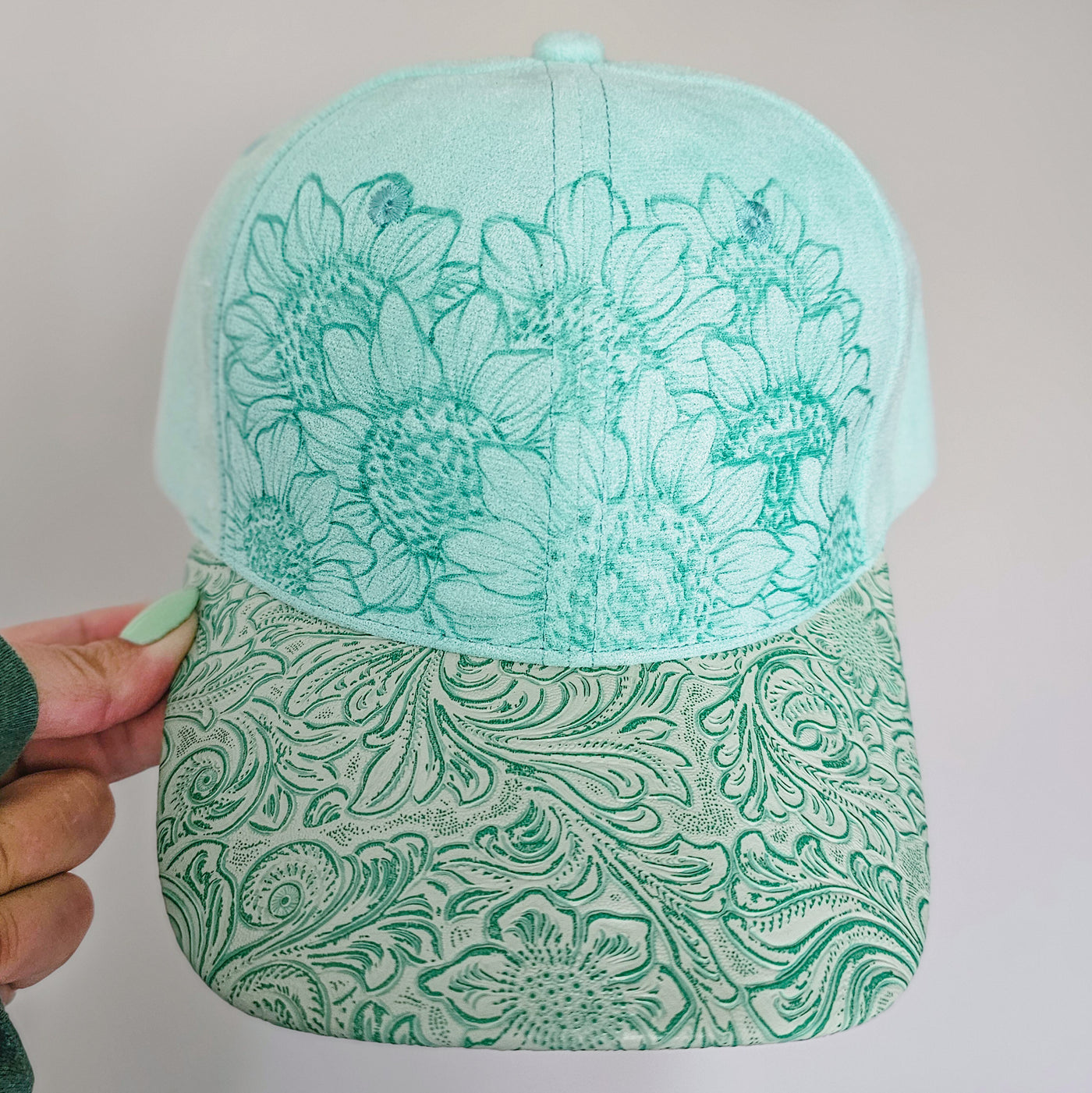 Sunflowers and Tooled Leather|| Mint Suede Baseball Style Hat || Freehand Burned