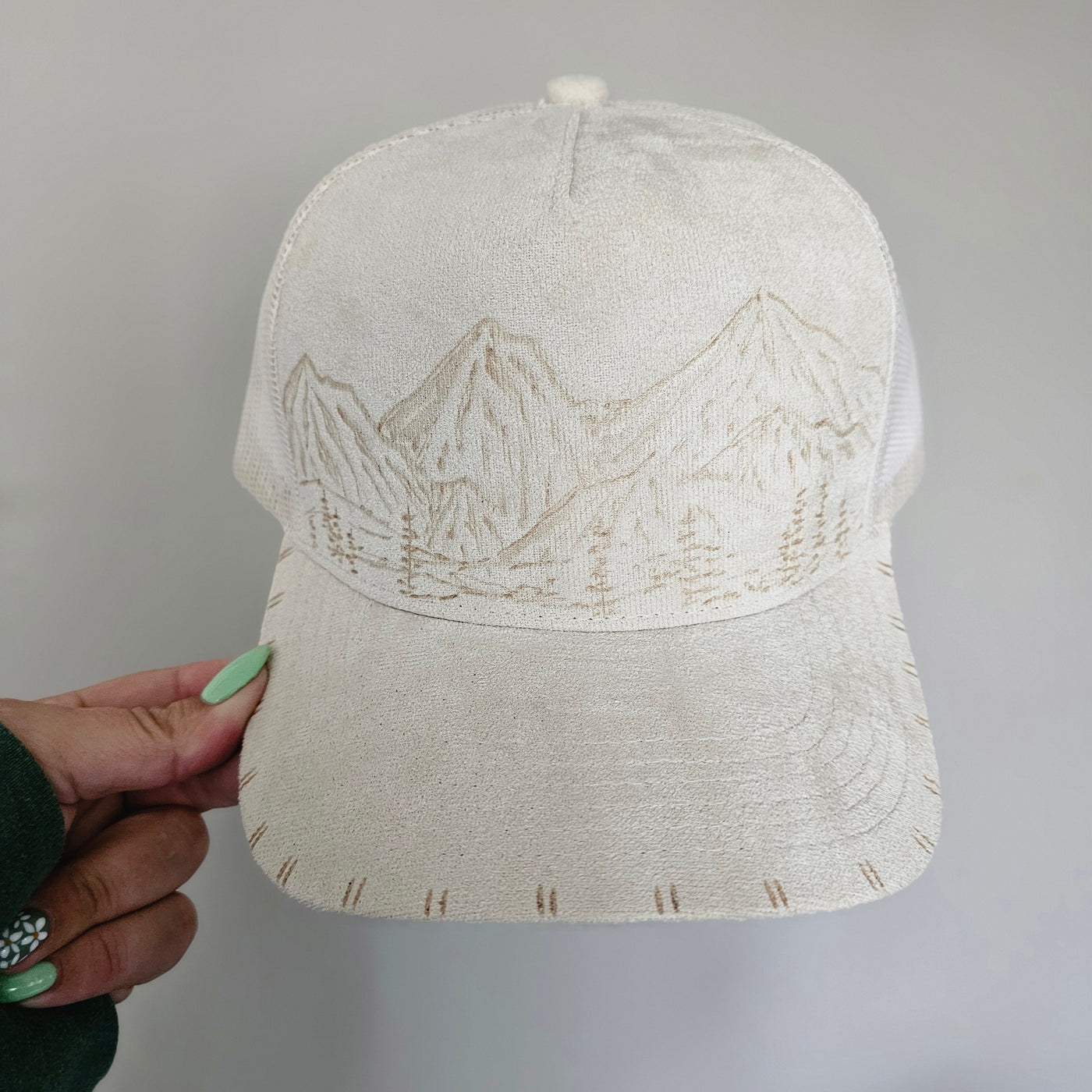 The Rockies || Ivory Suede Baseball Style Mesh Trucker Hat || Freehand Burned