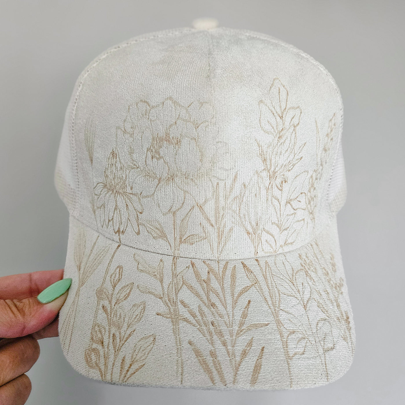 Wildflower Stems || Ivory Suede Baseball Style Mesh Trucker Hat || Freehand Burned