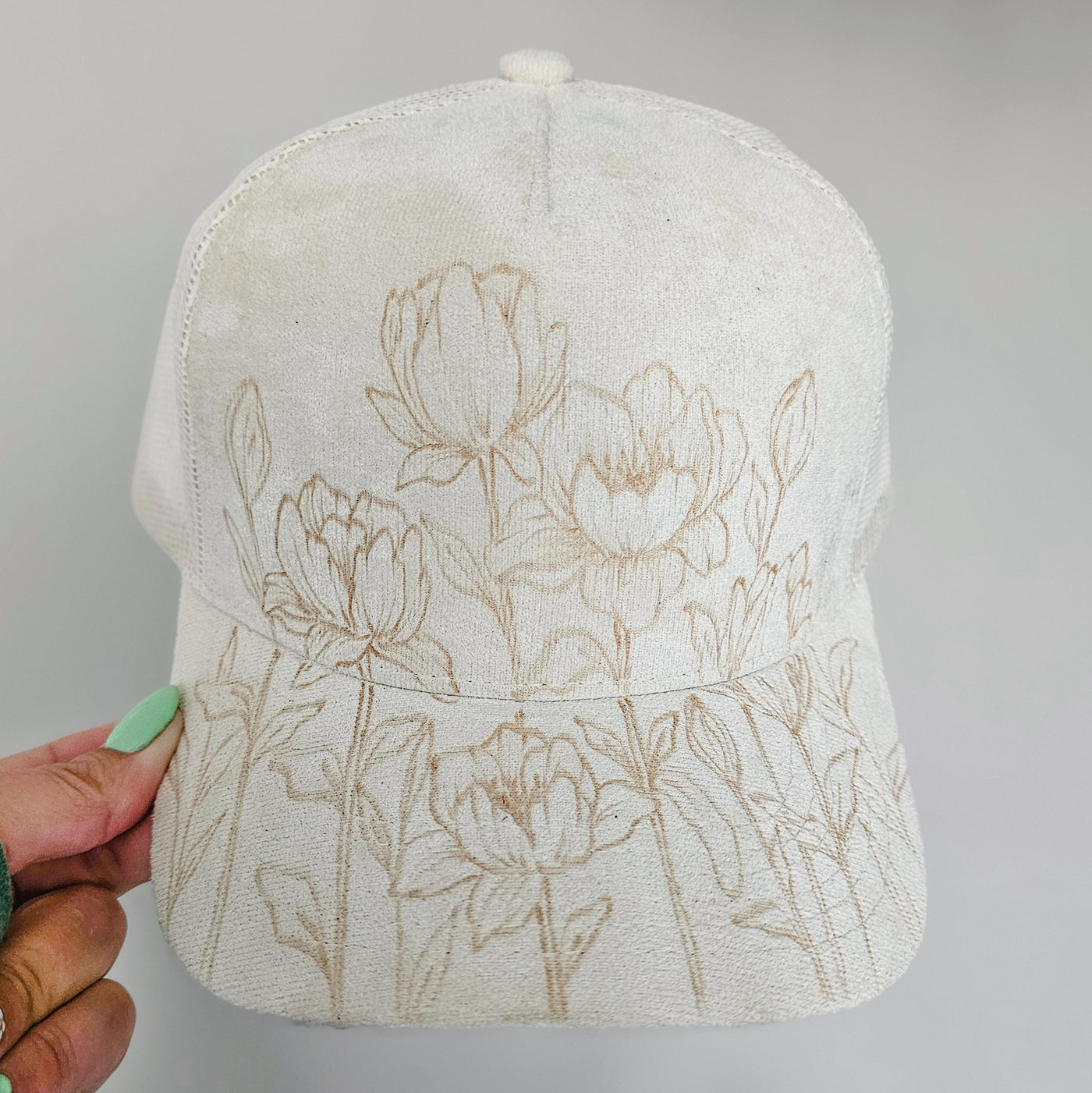 Garden Views || Ivory Suede Baseball Style Mesh Trucker Hat || Freehand Burned