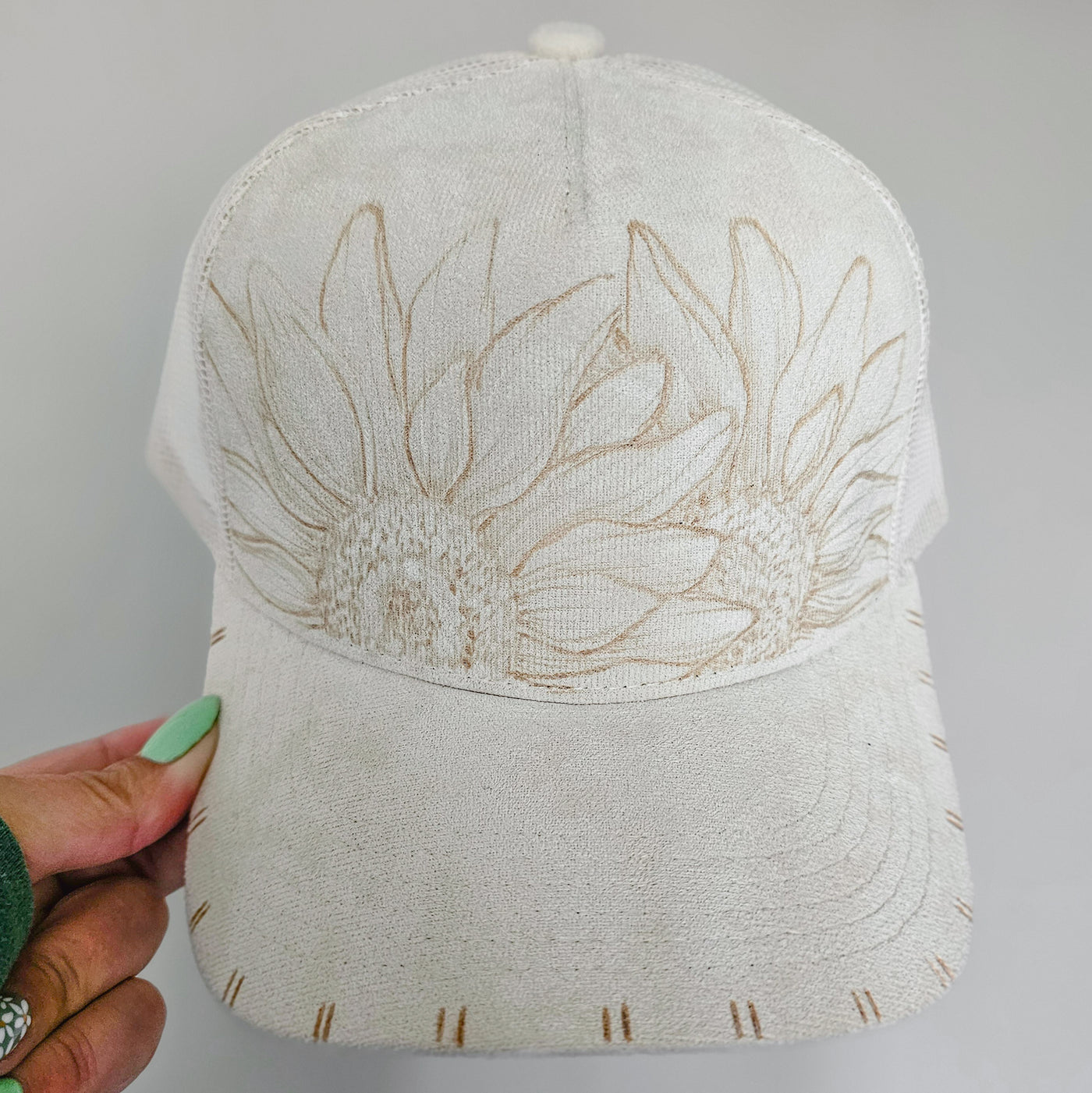 Sunflower Duo || Ivory Suede Baseball Style Mesh Trucker Hat || Freehand Burned