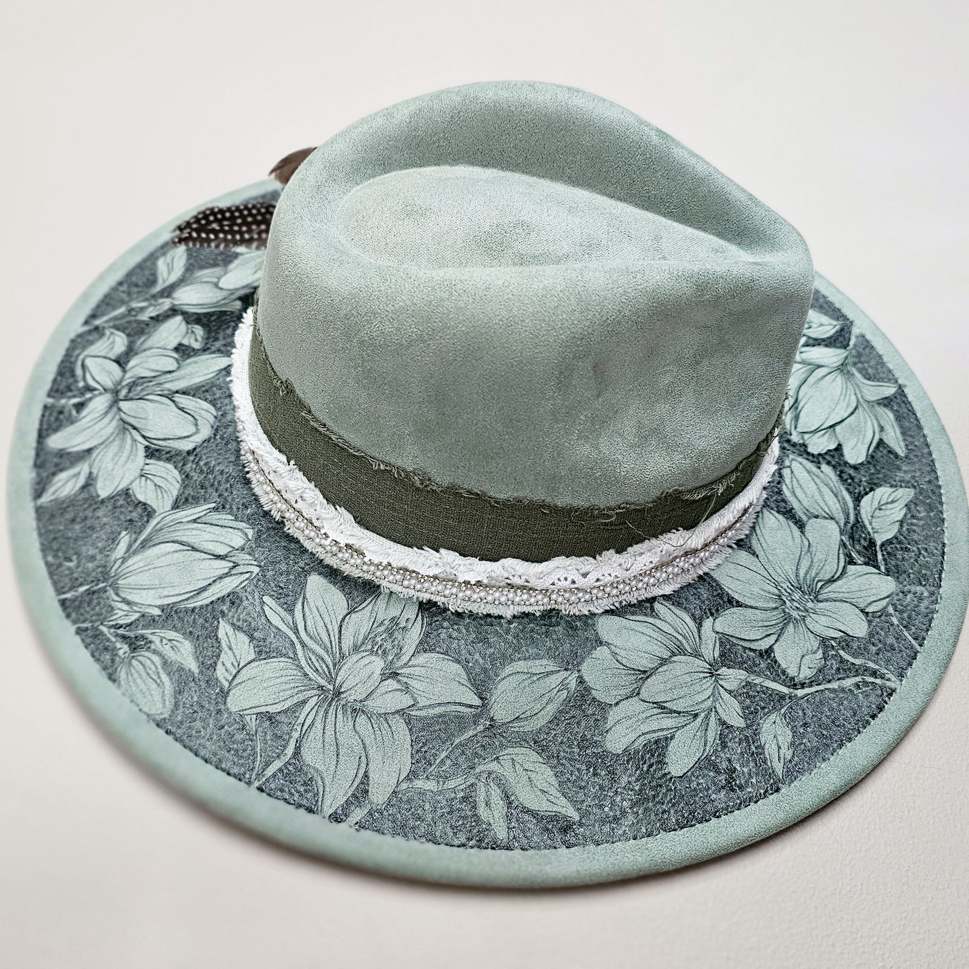 Magnolia Beauty || Sage Green Suede Burned Wide Brim Hat